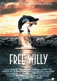 An orca jumps over a jetty with a young boy giving out its signal to the orca. The film's tagline reads "A Friendship you could never imagine."