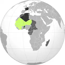 Dark green: French DahomeyLime: Rest of French West AfricaDark gray: Other French possessionsDarkest gray: French Republic