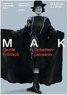 Museums Poster vor the exhibition Gertie Fröhlich (In)visible Pioneer at the MAK in Vienna.