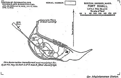 A 1938 map of Fort Duvall, with Battery Long clearly indicated. Gun 2 is on the left. At that time, Hog Island was not connected to Hull.