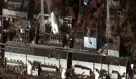 Fukushima I nuclear accidents: Satellite image taken on 16 March of the four damaged reactor buildings