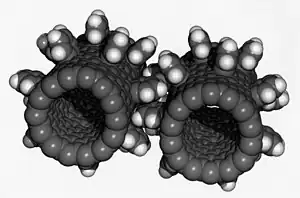 Image 40Computer simulation of nanogears made of fullerene molecules. It is hoped that advances in nanoscience will lead to machines working on the molecular scale. (from Condensed matter physics)