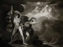 A nearly naked man with finely defined muscles stands strongly with his right arm upraised. In the background are three amorphous figures swirling around with hoods over their heads. There is a second man standing between the first and the figures, pushing the figures away.