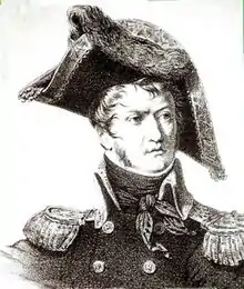 Print depicts a man in a dark military coat with large epaulettes. He wears a bicorne hat side-to-side and cocked at an angle.