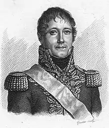 Black and white print of a clean-shaven and long-headed man. He wears a military uniform of the Napoleonic era with a high collar, gold braid and epaulettes.