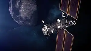 An illustration of the Gateway's Power and Propulsion Element (PPE) and Habitation and Logistics Outpost (HALO) in orbit around the Moon in 2024.