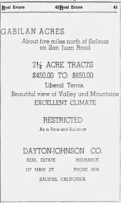 Gabilan Acres - Dayton-Johnson Co. - 1940 - "Restricted as to race and buildings"