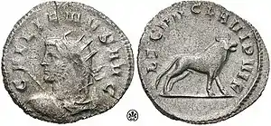 Gallienus coin, celebrating LEG VII CLA VI P VI F (Seventh legion Claudia, six times faithful, six times loyal), and bearing the bull, symbol of the Legio VII Claudia, on the reverse.