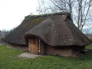 Small house with large, overhanging pitched roof