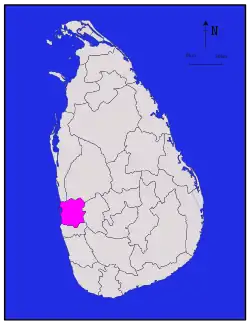 Area map of Gampaha District, extending inwards from the west by south west coast in a rough square shape, in the Western Province of Sri Lanka