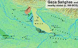 The Gaṇasaṅghas in the 5th century BCE. Vajji was located near Vesālī