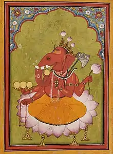 Attired in an orange dhoti, an elephant-headed man sits on a large lotus. His body is red in colour and he wears various golden necklaces and bracelets and a snake around his neck. On the three points of his crown, budding lotuses have been fixed. He holds in his two right hands the rosary (lower hand) and a cup filled with three modakas (round yellow sweets), a fourth modaka held by the curving trunk is just about to be tasted. In his two left hands, he holds a lotus in the upper hand and an axe in the lower one, with its handle leaning against his shoulder.