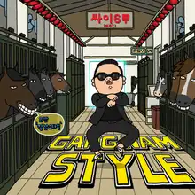 An drawing of a horse stable, with Psy performing a dance. The song's title is read in  the floor with the album's title (Reading: "Psy 6 (Six Rules), Part 1" in Korean) on a sign on ceiling and the artist on the top right wall. A speech bubble is seen on the first horse on the left saying "Oppan'Gangnam Style'" in Korean.