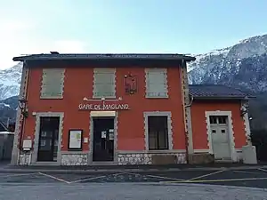 Two-story building with gabled roof