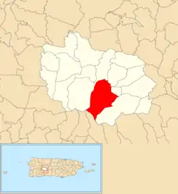 Location of Garzas barrio within the municipality of Adjuntas shown in red