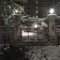 The season's magical first snow as seen outside the gates of The Lenru in the evening.