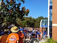 The Gator Walk at former site of Fleming Field in 2029, Ben Hill Griffin Stadium on right