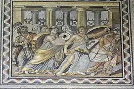 A mosaic from the Roman era Poseidon Villa in Zeugma, Commagene (now in the Zeugma Mosaic Museum) depicting Achilles on Skyros disguised as a woman and Odysseus tricking him into revealing himself