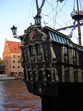 Gdańsk "Lew" a seventeenth century galleon replica, stern with wooden carved taffrail