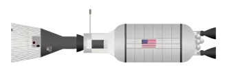 Drawing of a spacecraft and a rocket stage docked together