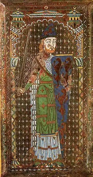 Enamel image from the tomb of Geoffrey, Count of Anjou showing a vair-lined mantle