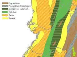 Image 28Map of a north-south sea-parallel pattern of rock ages in western Colombia. This pattern is a result of the Andean orogeny. (from Andean orogeny)