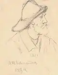 A pencil drawing of a bearded man viewed at bust length from the side. He wears a heavy coat and a sou'wester, a hat which has a small brim at the front and a much longer brim in the back.