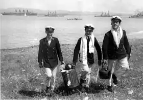 Three Royal Navy midshipmen, George Drewry, Wilfred Malleson and Greg Russell, having a picnic on Imbros during the Battle of Gallipoli