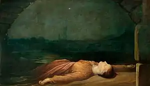 Found Drowned by George Frederic Watts, c.1850, depicts a woman's body washed up beneath the arch of Waterloo Bridge, drowned after throwing herself in the river to escape the shame of being a "fallen woman"