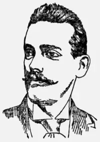 A black and white portrait illustration of a man with a mustache wearing a suit