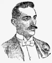 A black and white portrait illustration of a man with a mustache wearing a tuxedo