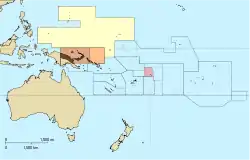 Brown: German New Guinea; yellow: German Pacific protectorates; red: German Samoa; orange: North Solomons, ceded to Britain