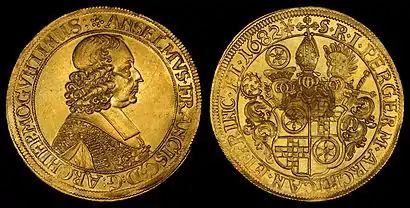 Anselm Franz von Ingelheim,  Archbishop of Mainz, depicted on a Mainz, German States 10 Ducat coin (1682)