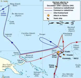 Map of the South Pacific showing the routes taken by the German ships and locations where Allied ships were sunk as described in the article