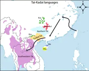 Kra–Dai migration route according to Matthias Gerner's Northeast to Southwest Hypothesis.