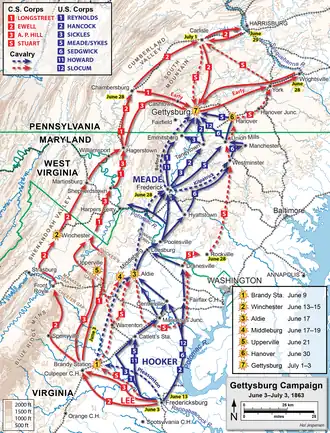 Image 23The Gettysburg campaign, which culminated in the Battle of Gettysburg, was a major turning point in the American Civil War and the war's bloodiest battle with an estimated 46,000 to 51,000 casualties (from History of Pennsylvania)