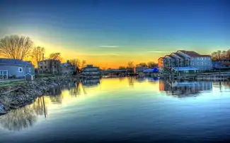 Harbor at dusk, with the Art Dettman Fishing Shanty on the right