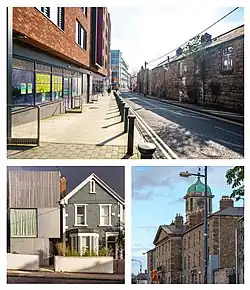 Clockwise from top: Lower Grangegorman Road, Grangegorman Clocktower, new and old houses in Grangegorman