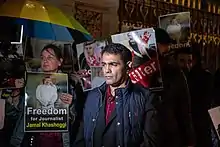 Ghanem al-Dosari at a protest outside the Natural History Museum, London on the 11th October, 2018, after the disappearance of Jamal Kashoggi.