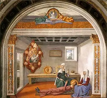 A painting shows St Fina as a blonde-haired teenage girl in a pink dress, lying on a wooden board in a small plain room. and attended by two women. Hovering before her is a vision of a pope, supported by flying cherubs.