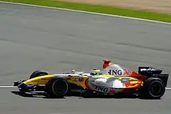 For 2007, Renault switched from Mild Seven to ING. This is Giancarlo Fisichella driving the Renault R27 at the 2007 British Grand Prix.