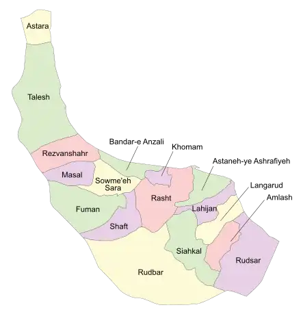 Location of Fuman County in Gilan province (center left, green)