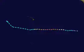 Track map of a major hurricane that starts over the eastern Pacific Ocean, heading due west for most of its duration. It bypasses Hawaii, located at the center of the image, to the south before shifting northwest and ending over water.