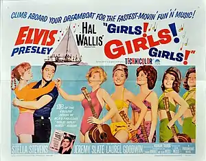 Film poster with Presley on the left, holding a young woman around the waist, her arms draped over his shoulders. To the right, five young women wearing bathing suits and holding guitars stand in a row. The one in front taps Presley on the shoulder. Along with title and credits is the tagline "Climb aboard your dreamboat for the fastest-movin' fun 'n' music!"