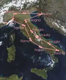 Route of the 12th Giro d'Italia,run anti-clockwise from Milan to Milan,and entering Fiume in the Free State of Fiume (now Croatia).