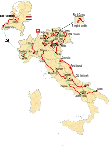 Map of Italy showing the path of the race, starting in Amsterdam and transferring to Savigliano in Italy before going counter-clockwise and reaching Apulia in the south before coming back north to finish in Verona, by the Dolomites in northeast Italy