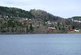 View of the lake Gjerstadvatnet with the church in the upper right corner