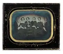 Daguerreotype of the actresses at the first Norwegian Theater, 1856. From left: Ms. Sørensen(?), Birgitte Cornelia Rojahn, Louise Brun, Janny Grip Isachsen, Fredrikke Louise Nielsen and Benedicte Hundevadt. Photo by Hans Krum. NTNU University Library.