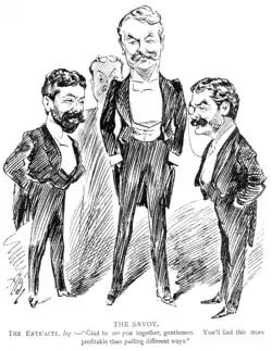 Image 45Gilbert and Sullivan with Richard D'Oyly Carte, in a sketch by Alfred Bryan for The Entr'acte (from Portal:Theatre/Additional featured pictures)