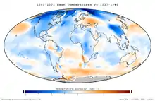 Image 48Mean temperature anomalies during the period 1965 to 1975 with respect to the average temperatures from 1937 to 1946. This dataset was not available at the time. (from History of climate change science)